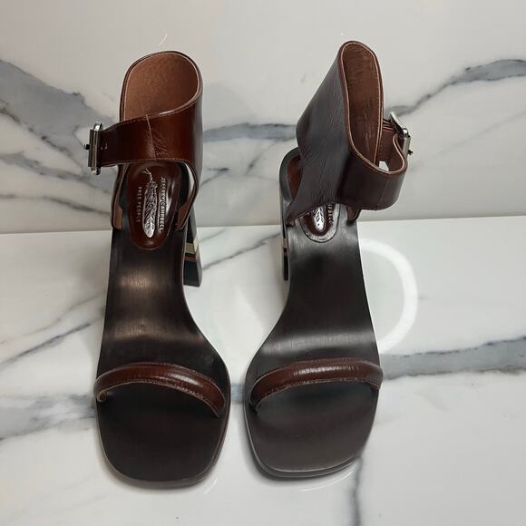 Jeffrey Campbell Free People Women's Leather Stack Heel Wool Cabana Sandals Sz 7 - Picture 4 of 9